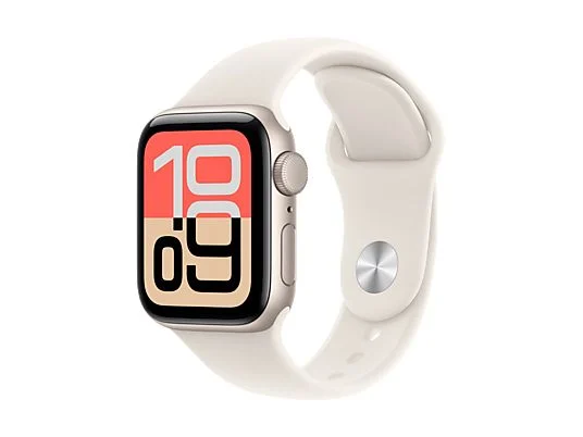 Apple Watch SE 3 (2025), GPS+CEL, 40 mm, Caja de aluminio Blanco estrella, Correa deportiva Blanco estrella, S/M, Calidad sueño, Medición temperatura